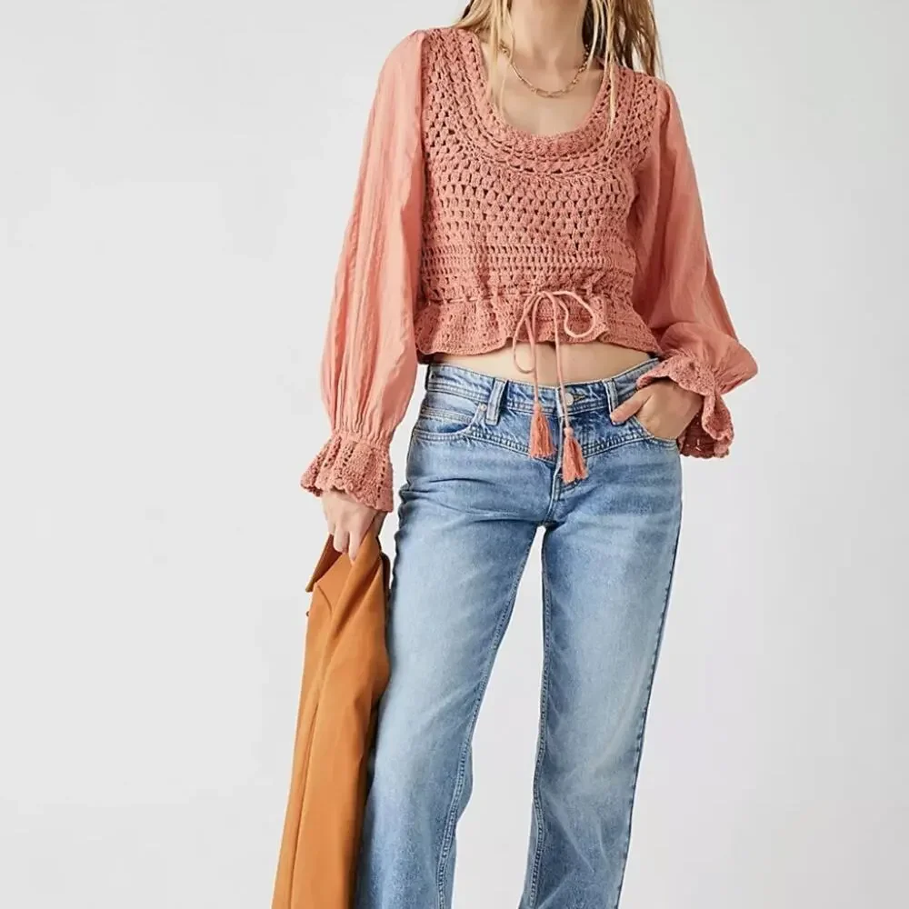 Free People NWT Coral Sand Megan Crochet Top XS Boho flowy summer